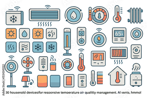 Colorful icon set of household devices for air quality and temperature control