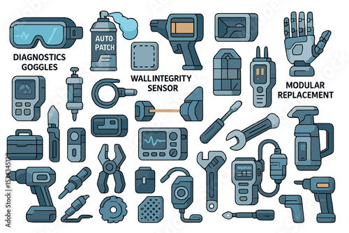 Futuristic toolkit icons featuring sensors, scanners, and robotic tools