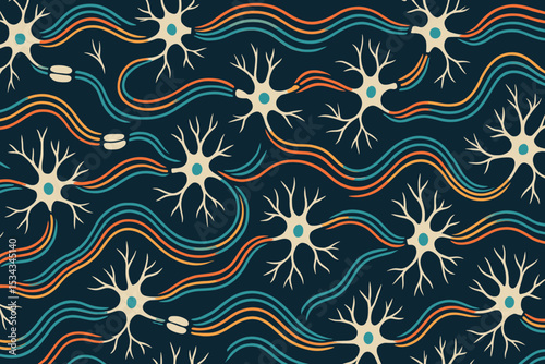 Seamless neural pattern with stylized neurons and colorful flowing axon paths