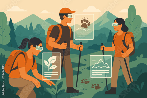 Illustration of hikers using smart glasses to identify plants, track wildlife, and view terrain data.