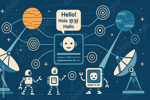 Space-themed illustration of robots, language translation, and communication.