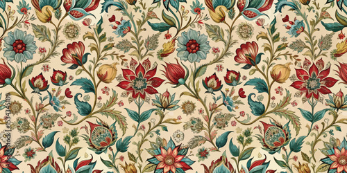 Colorful vintage floral pattern with intricate designs in vibrant hues.