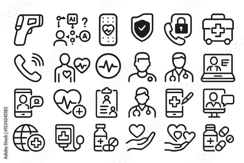 Minimalist line icons for telehealth, vitals, and online medical care