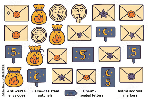 Whimsical fantasy icons of magical mail, seals, and enchanted satchels