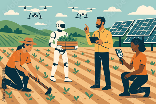 Modern farm using robots, drones, and solar panels for smart agriculture