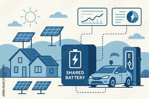 Illustration of solar energy powering shared battery and EV charger