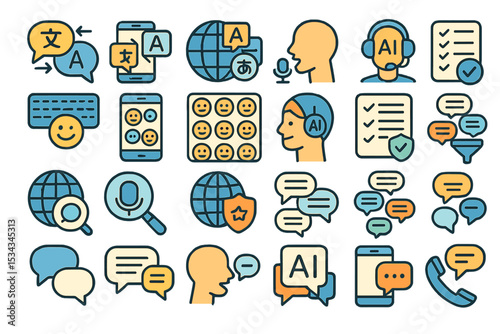 A vibrant set of icons showcasing AI-powered communication tools, including translation