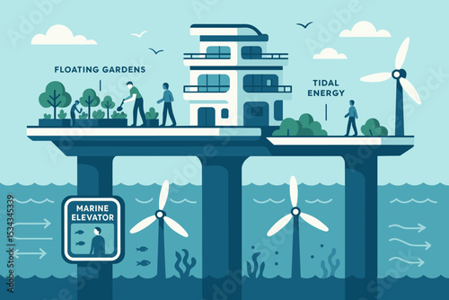 Eco-friendly ocean platform with tidal turbines, gardens, and elevator