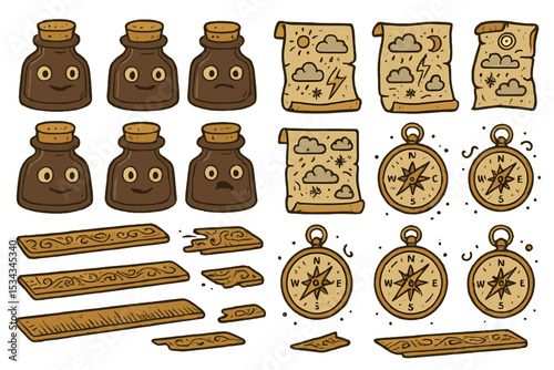 Vintage fantasy icons with emotion potions, weather maps, and compasses