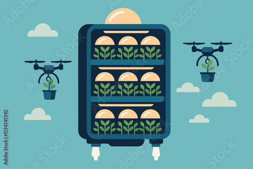 Flying vertical farm with drones and indoor grow lights