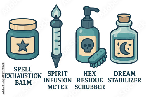 Fantasy potion tools with dark whimsical labels and magical themes