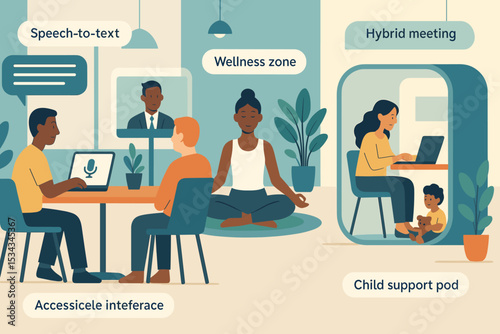Modern workspace illustration featuring accessible interfaces, hybrid meetings, wellness zones, and child support pods.