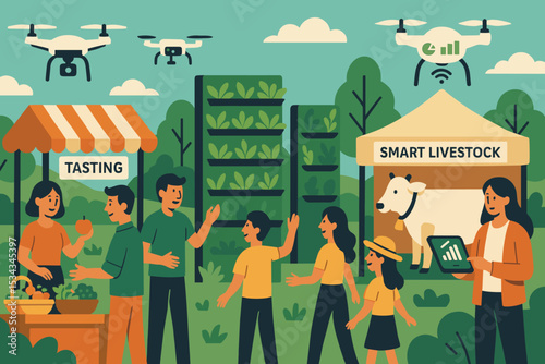 Illustration of a sustainable farming event showcasing vertical gardens, smart livestock, and drone technology.