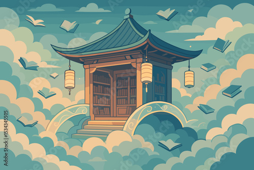 A whimsical library in the clouds with floating books and lanterns