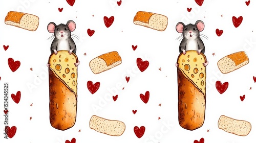 Cute Mouse on Cheese with Bread and Heart Background Pattern
