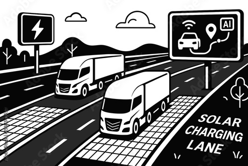 Futuristic highway with solar charging lane and AI navigation signs