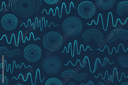 Seamless pattern of sound waves and concentric rings in teal tones