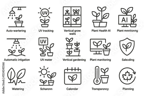 Smart gardening icon set with automation, sensors, and AI features