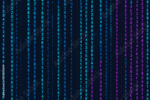 Abstract digital matrix with glowing numbers and characters