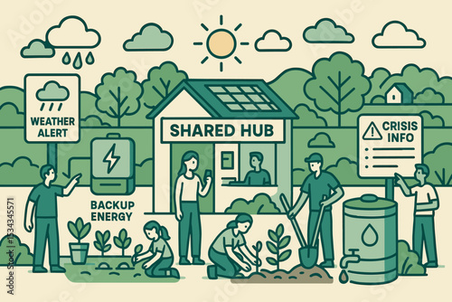 Community hub with sustainable resources for crisis management