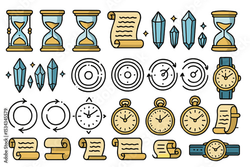 Hand-drawn fantasy icons of time, scrolls, crystals, and watches