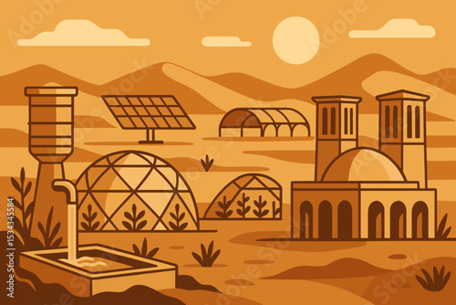 Sustainable desert village with solar panels and domed greenhouses