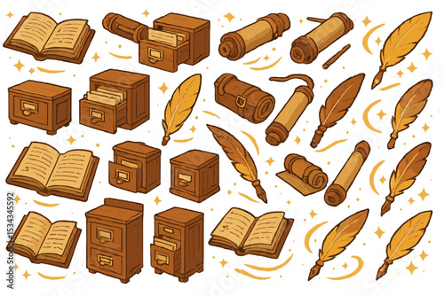 Whimsical vintage icons of books, scrolls, quills, and file drawers