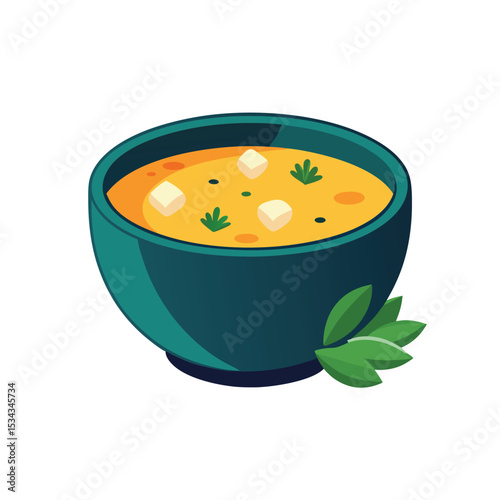 Dark Teal Bowl of Yellow Soup with White Cubes and Green Herbs orange