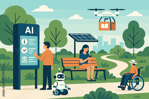 Modern park scene with AI kiosk, solar bench, drone, and robot