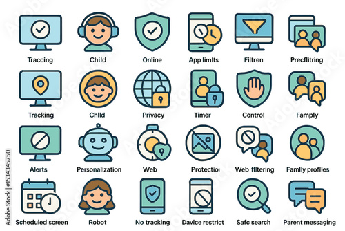 Colorful parental control and child safety icon set for UI design