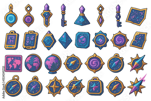 Fantasy navigation and magical map icons in a vibrant gem-toned style