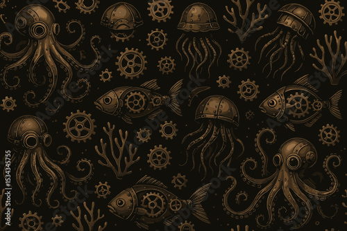 Bronze steampunk sea creatures with gears and tentacles