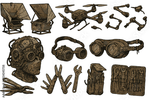 Hand-drawn steampunk drone and gadget illustrations on dark background