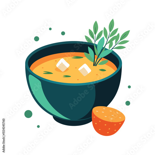 Teal Bowl of Creamy Orange Soup with Cheese Cubes and Green Herbs vector