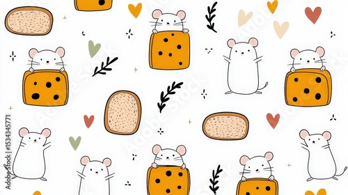 Playful Cartoon Mice with Cheese and Sweet Hearts on White Background