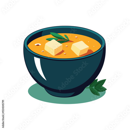Teal Bowl of Orange Soup with Two Cubes of White Cheese and Green Herbs vector