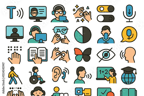 Colorful accessibility icons representing inclusive communication tools