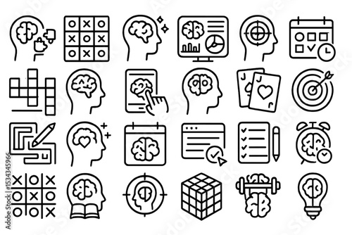 Set of brain game and puzzle line icons on dark metallic background