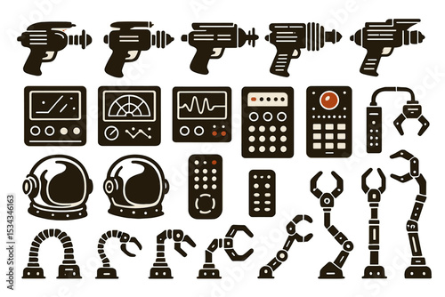 Retro sci-fi sticker icons of ray guns, helmets and robot arms