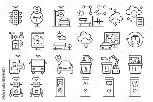 Line icons for smart-city solutions: traffic, air pollution, and robots