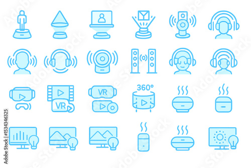 Blue neon icon set of immersive tech including VR, AR, and ambient devices