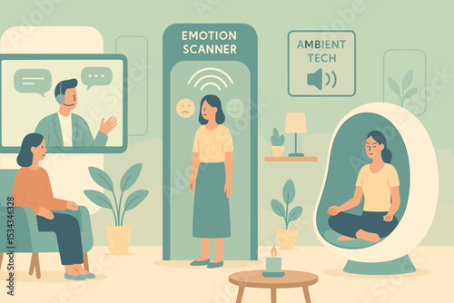 Futuristic wellness center with emotion scanner and ambient tech