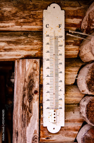 Thermometer an Hausfassade aus Holz,  Thermometer on wooden house facade