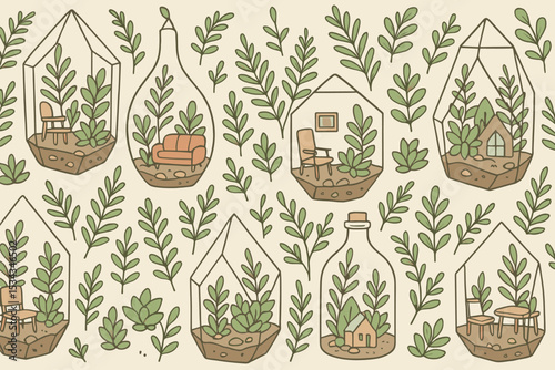Whimsical terrariums with plants, furniture, and tiny houses