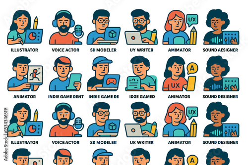Colorful character icons of creative game development roles