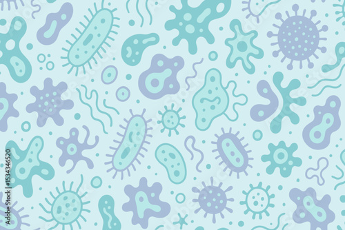 Seamless cartoon pattern of microbes and bacteria in pastel tones