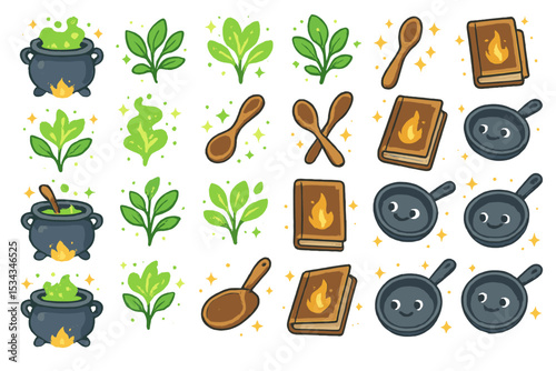 Whimsical potion-themed icons with cauldrons, herbs, books, and pans
