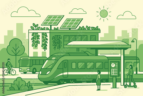 Green city transit scene with solar-powered infrastructure and transit