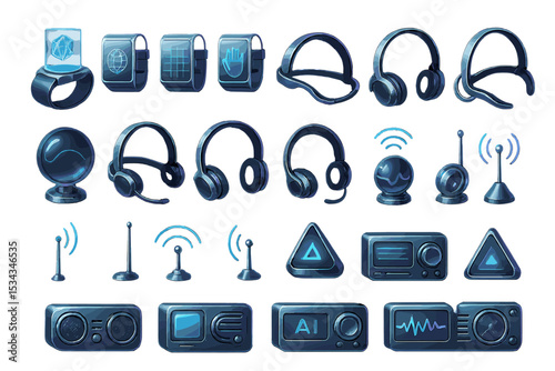 Futuristic gadget and communication icon set with glowing accents