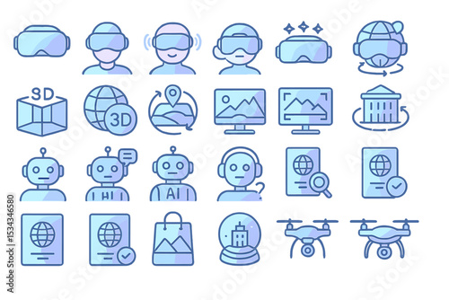 Digital tourism and VR travel icons in glowing neon style